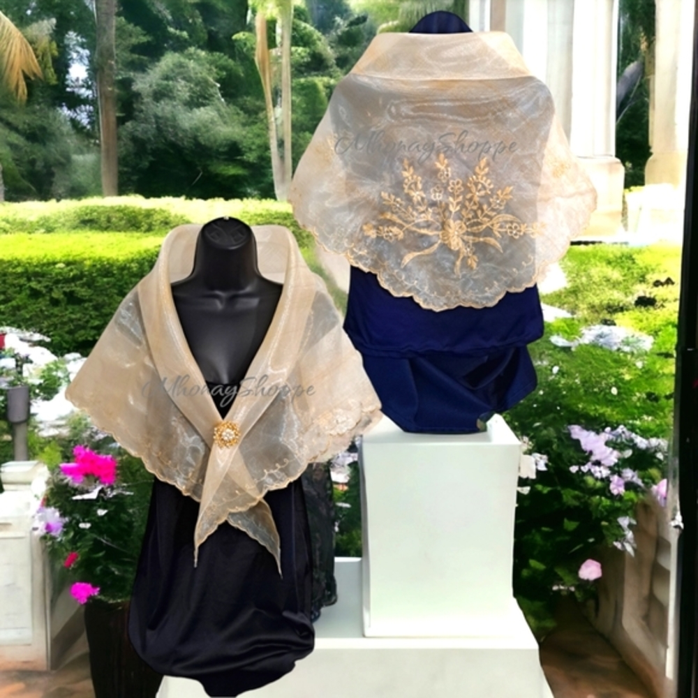 Beige-Modern Embroidered Filipiniana Alampay – Handmade Organza Scarf